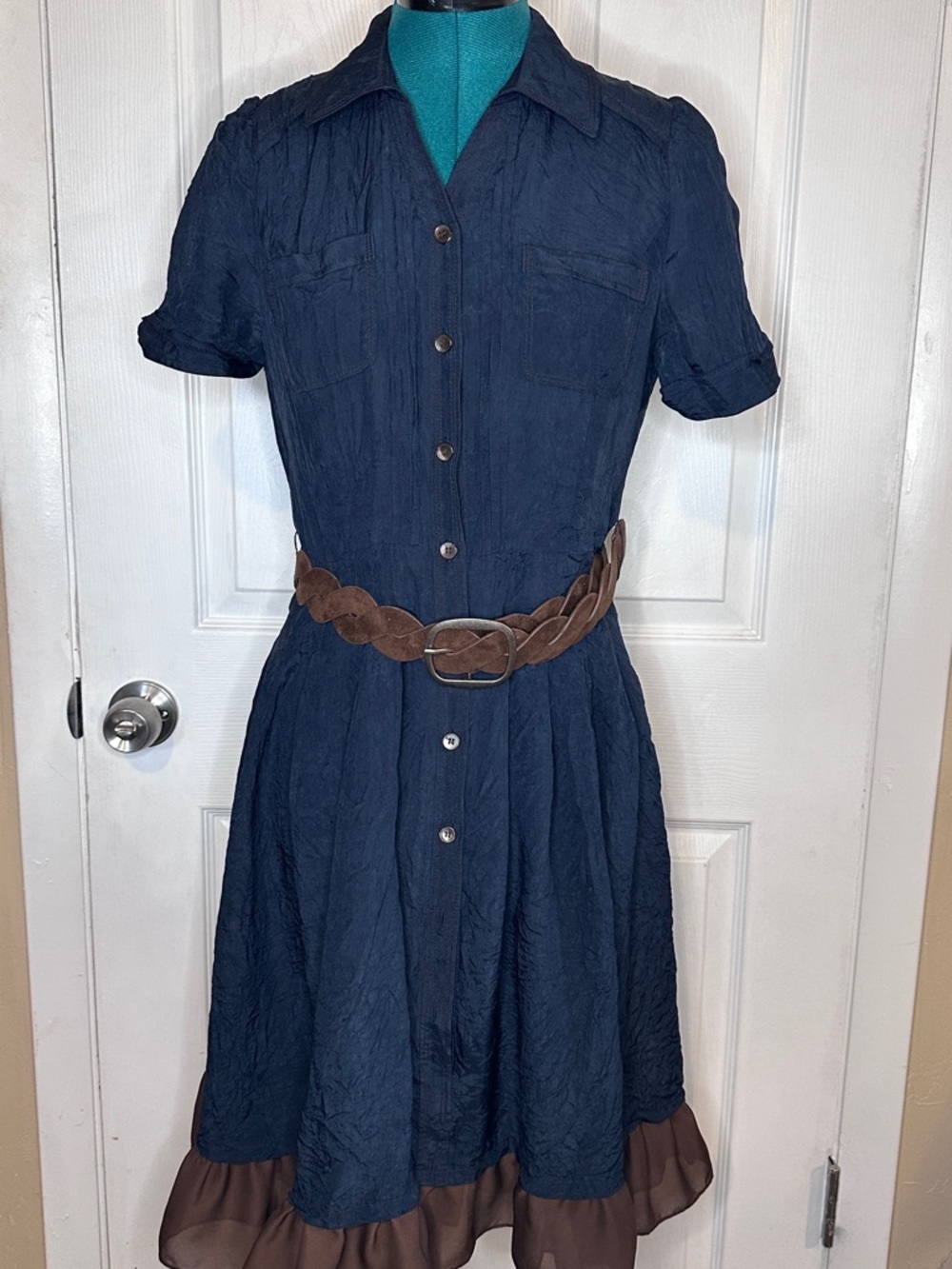 Arte Italica Navy Button-Front Midi Dress with Brown Trim Belt